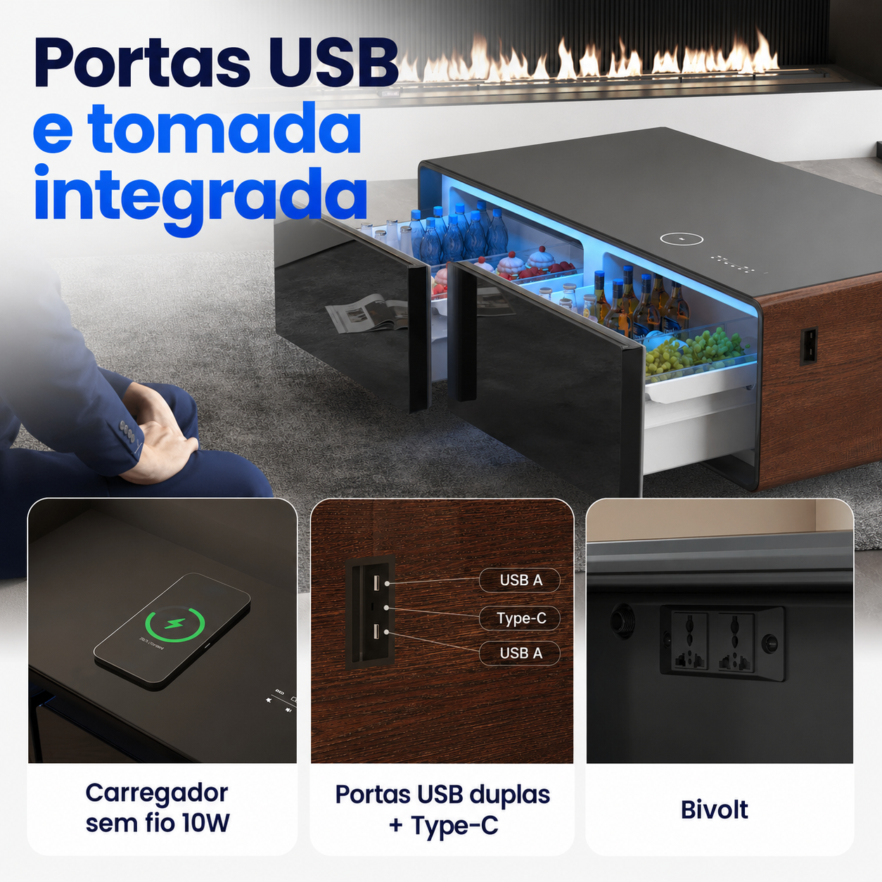 Portas USB e tomada integrada